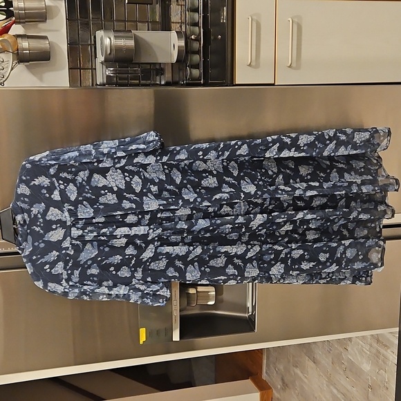 đź’•RAQUEL ALLEGRAđź’• Peasant Tiered Dress ~100% Silk Navy Blue Print Medium - Picture 12 of 16